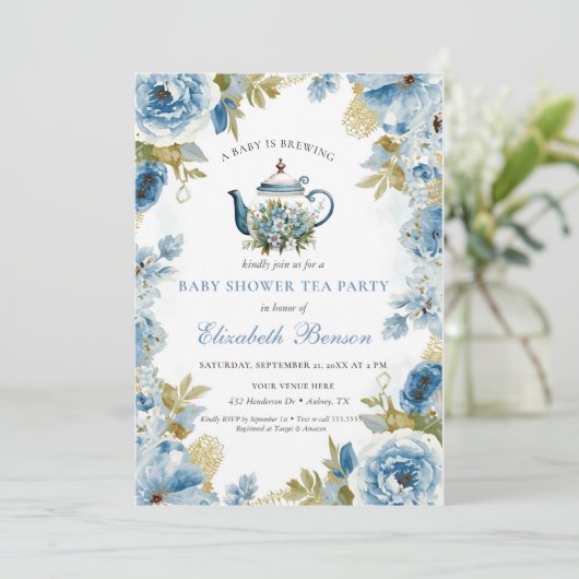 A Baby Is Brewing Blue Floral Shower 招待状 (スタンド正面)