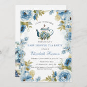 A Baby Is Brewing Blue Floral Shower 招待状 (正面/裏面)