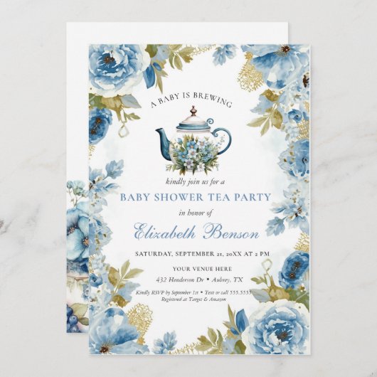 A Baby Is Brewing Blue Floral Shower 招待状 (正面/裏面)