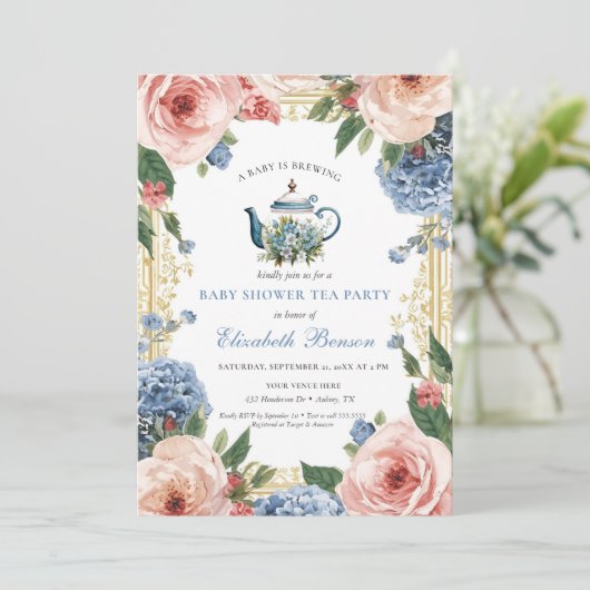 A Baby Is Brewing Blue Floral Shower 招待状 (スタンド正面)