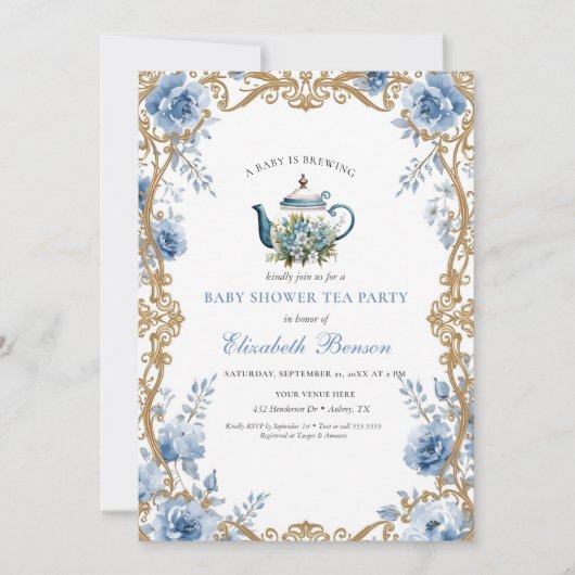 A Baby Is Brewing Blue Floral Shower 招待状 (正面)