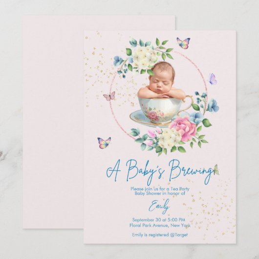 A Baby is Brewing Blush Pink Baby Shower  招待状 (正面/裏面)