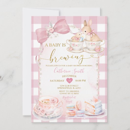 A Baby Is Brewing Bunny Teacup Girl Baby Shower 招待状 (正面)