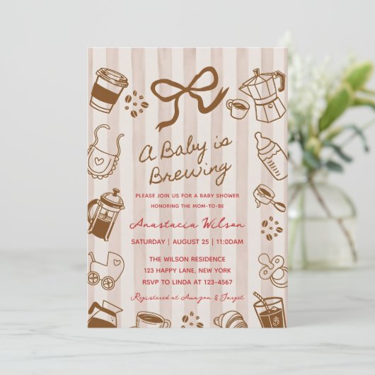 A Baby is Brewing Coffee bow hand drawn Shower 招待状 (スタンド正面)