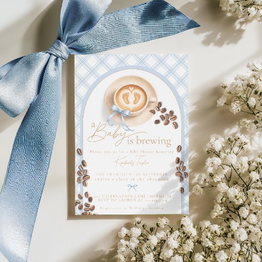 A Baby is Brewing Coffee Boy Blue Bow Baby Shower 招待状