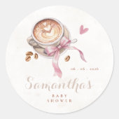 A baby is brewing coffee pink bow baby shower   ラウンドシール (正面)