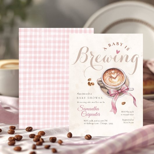 A baby is brewing coffee pink bow baby shower 招待状