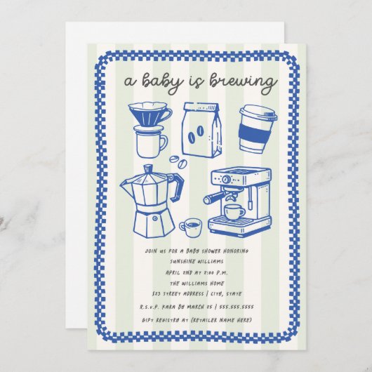 A Baby Is Brewing Doodle Boy Blue Baby Shower 招待状 (正面/裏面)