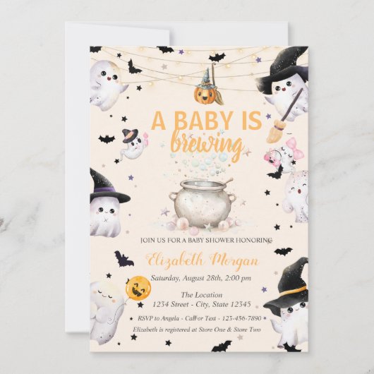 A Baby Is Brewing Ghost Dotted Baby Shower 招待状 (正面)