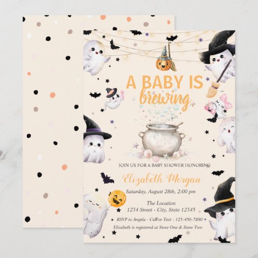 A Baby Is Brewing Ghost Dotted Baby Shower 招待状 (正面/裏面)