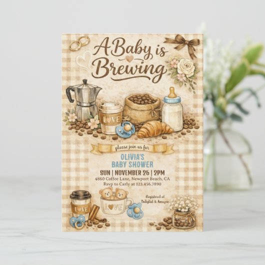 A Baby is Brewing Gingham Coffee Baby Shower  招待状 (スタンド正面)
