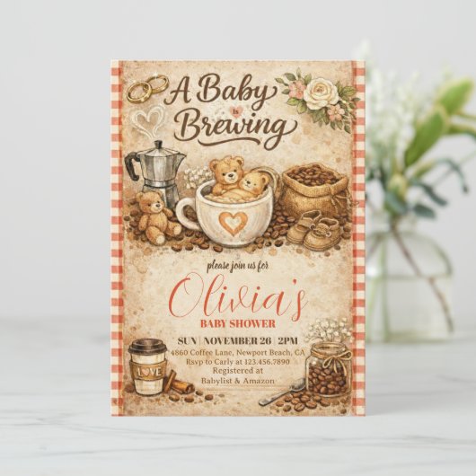 A Baby is Brewing Gingham Coffee Baby Shower  招待状 (スタンド正面)