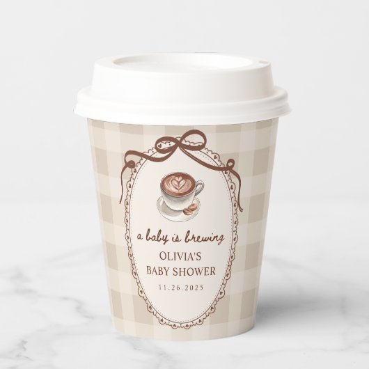 A Baby is Brewing Gingham Coffee Baby Shower 紙コップ (正面)