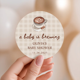 A Baby is Brewing Gingham Coffee Baby Shower Favor ラウンドシール