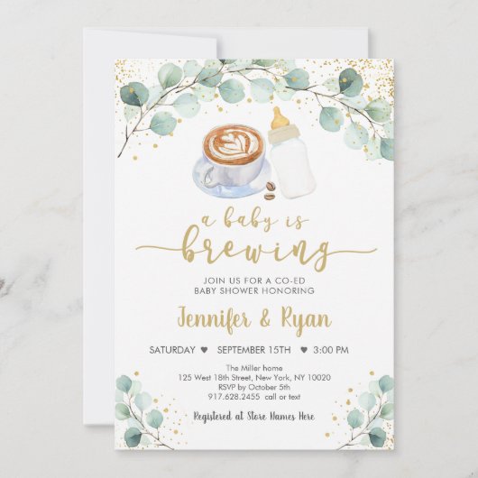 A Baby Is Brewing Greenery Coffee Baby Shower 招待状 (正面)