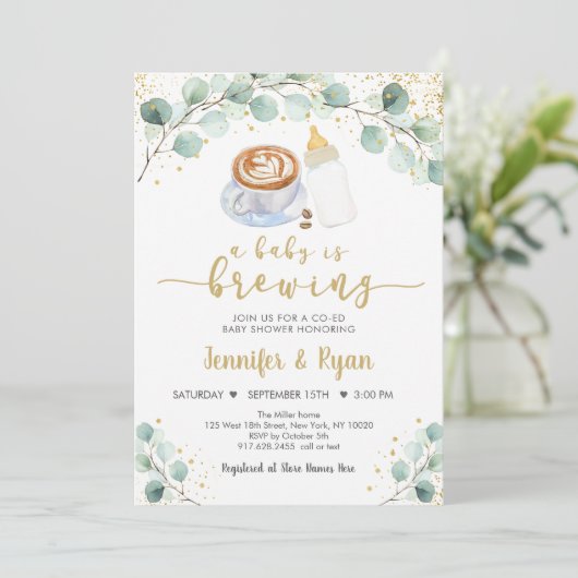 A Baby Is Brewing Greenery Coffee Baby Shower 招待状 (スタンド正面)