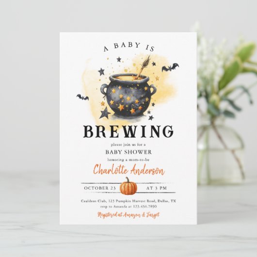 A Baby is Brewing Halloween Cauldron Baby Shower 招待状 (スタンド正面)