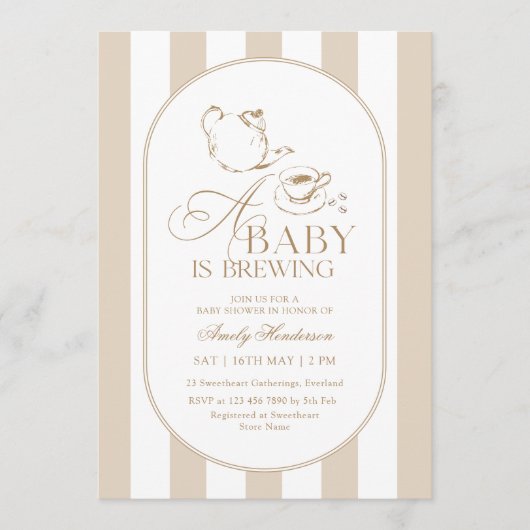 A Baby is Brewing Hand Drawn Baby Shower 招待状 (正面)