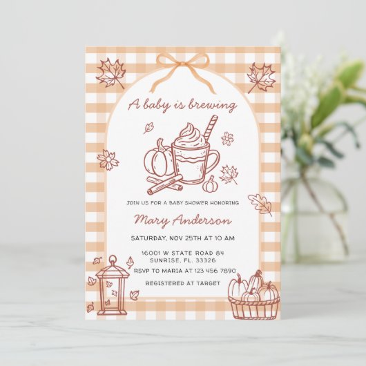 A Baby is Brewing Pumpkin Spice Bow Baby Shower 招待状 (スタンド正面)