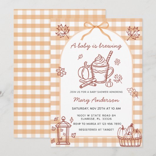 A Baby is Brewing Pumpkin Spice Bow Baby Shower 招待状 (正面/裏面)