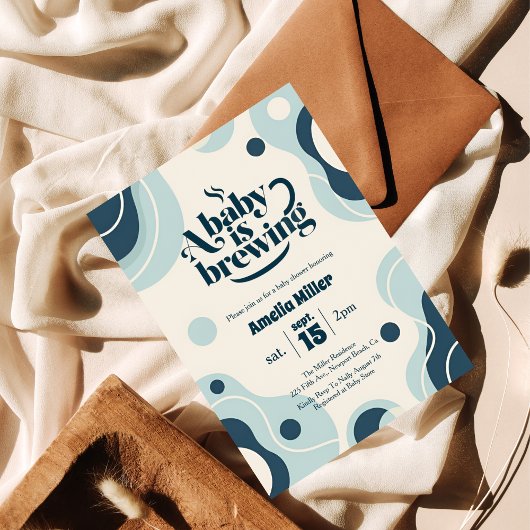 A Baby is Brewing Retro Blue Coffee Baby Shower 招待状