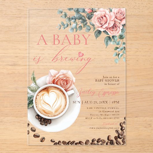 A Baby is Brewing Romantic Coffee Baby Shower アクリル招待状 (正面)