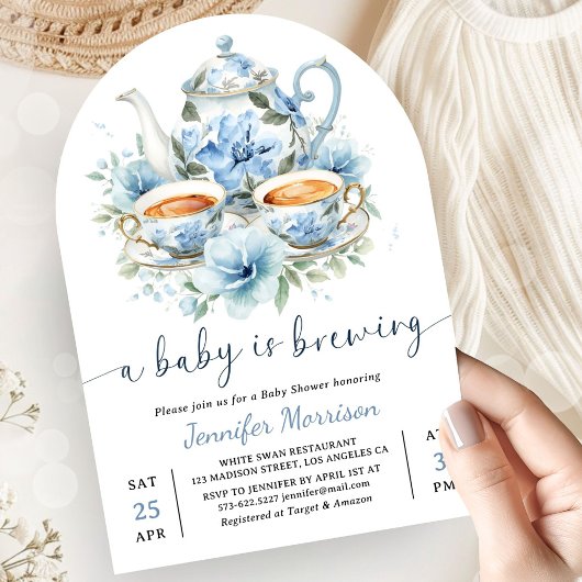 A Baby is Brewing Tea Baby Shower Boy Blue Arch 招待状
