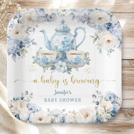 A Baby Is Brewing Tea Baby Shower Boy Blue Floral ペーパープレート