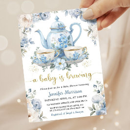 A Baby Is Brewing Tea Baby Shower Boy Blue Floral 招待状
