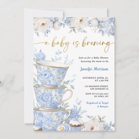 A Baby Is Brewing Tea Baby Shower Boy Blue Gold  招待状 (正面)