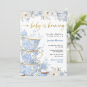 A Baby Is Brewing Tea Baby Shower Boy Blue Gold  招待状 (スタンド正面)