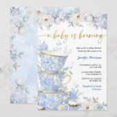 A Baby Is Brewing Tea Baby Shower Boy Blue Gold  招待状 (正面/裏面)