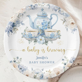 A Baby Is Brewing Tea Baby Shower Boy Blue Paper  ペーパープレート