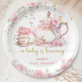 A Baby Is Brewing Tea Baby Shower Pink Floral ペーパープレート