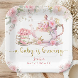 A Baby Is Brewing Tea Baby Shower Pink Floral ペーパープレート