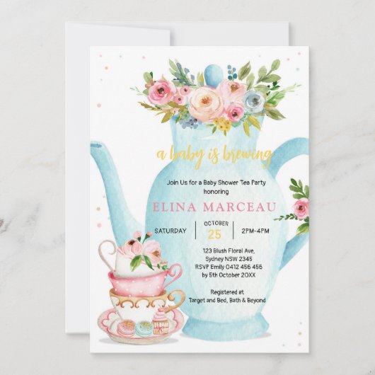 A Baby Is Brewing Tea Party Baby Shower Invitation 招待状 (正面)