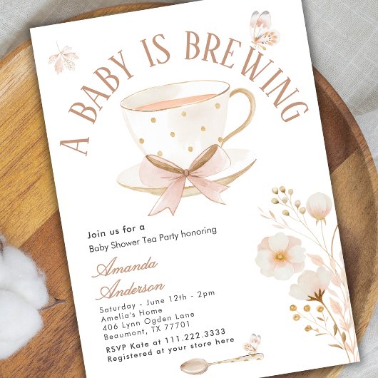 A Baby Is Brewing Tea Party Bow Baby Shower Pastel 招待状