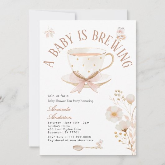 A Baby Is Brewing Tea Party Bow Baby Shower Pastel 招待状 (正面)