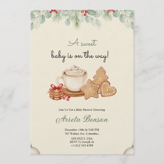 A baby shower invitation with delicate floral 招待状 (正面)