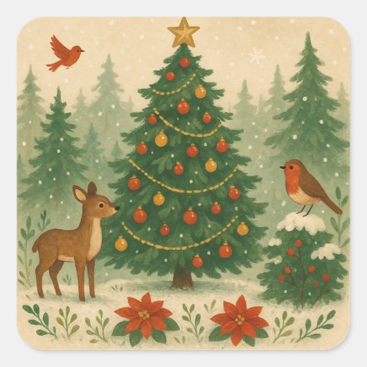 A beautiful Christmas tree in nature スクエアシール (正面)