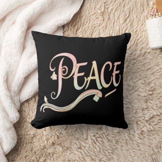 A beautiful, flowing script of the word "Peace" fe クッション (ブランケット)