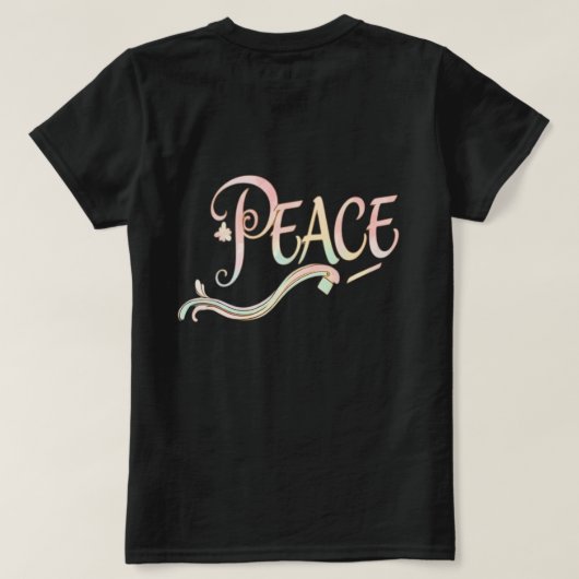 A beautiful, flowing script of the word "Peace" fe Tシャツ (デザイン裏面)