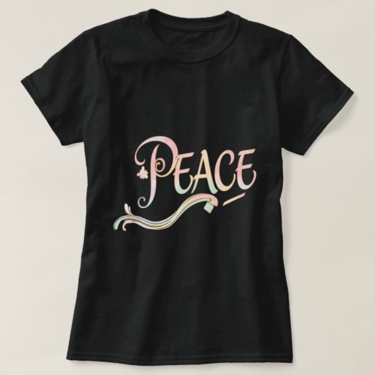 A beautiful, flowing script of the word "Peace" fe Tシャツ (デザイン正面)
