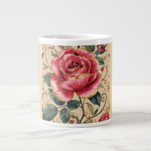 A Beautiful Shocking Pink Rose, Gold, Luxurious  ジャンボコーヒーマグカップ (正面)