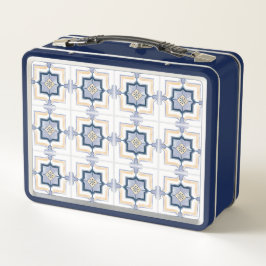A blue and white metal lunchbox with a geometric  メタルランチボックス