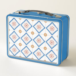 A blue metal lunchbox features a geometric tile  メタルランチボックス