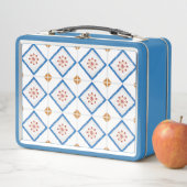 A blue metal lunchbox features a geometric tile  メタルランチボックス (インサイチュ)