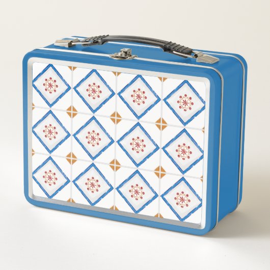 A blue metal lunchbox features a geometric tile メタルランチボックス (正面)