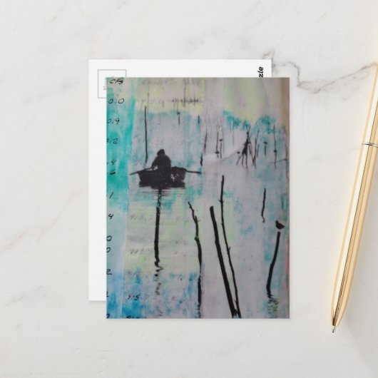 A Boat and a Bird Mixed Media Collage ポストカード (正面/裏面インサイチュ)