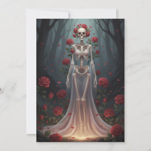 A bony girl wears a wedding dress in a forest.  招待状 (正面)